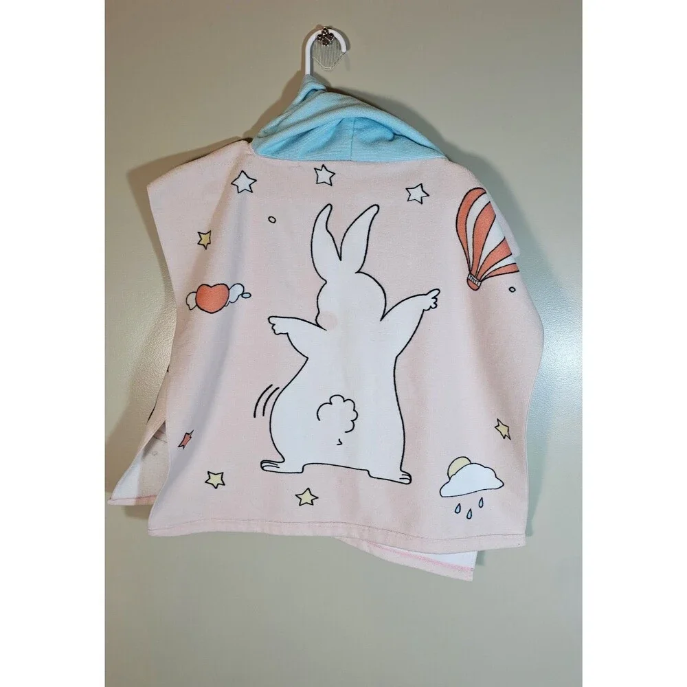 Kids Bunny Hooded Towel Pink Blue Microfiber Kawaii Rabbit Bath Beach Poncho 008